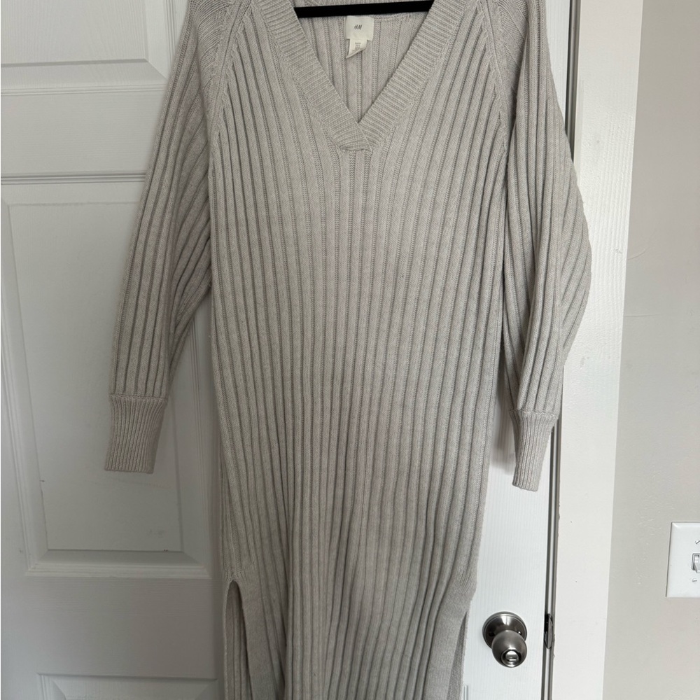 Gray Ribbed Knit Sweater Dress